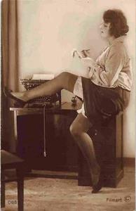 jwm08b BEAUTIFUL FRENCH LADY TAKING NOTES AT WORK, vintage risque RPPC/postcard - Picture 1 of 2