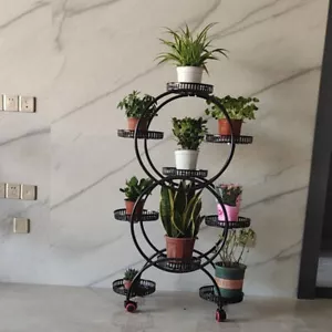 9-Tray Metal Plant Stand Rack Black Flower Pot Holder with Wheels Indoor Outdoor - Picture 1 of 13