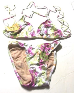 Bikini halter floral blanco melocotones frescos con copa DD/XL púrpura y verde - Imagen 1 de 3
