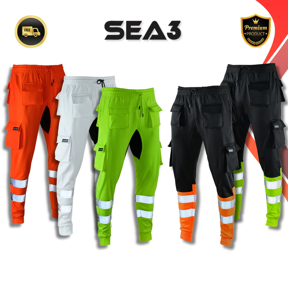 SEA3 Men's Hi Viz High Visibility Fleece Cargo Work Trousers Joggers - Image 1 of 1