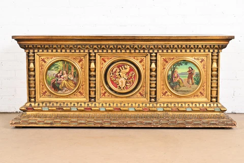 Antique Italian Renaissance Giltwood Hand Painted Cabinet or Credenza Cover