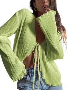 Women's Deep V Neck Tie Front Top Long Sleeve Plisse Pleated Blouse Shirt Top - Picture 1 of 6