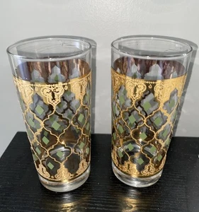 Vintage CULVER VALENCIA 22k Gold Green Highball GLASSES Set Of 2 - Picture 1 of 20