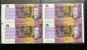 1990 $5 General Prefix Block of 4 Fraser/Higgins Triple Digit Low No Serial UNC - Bild 1 von 2