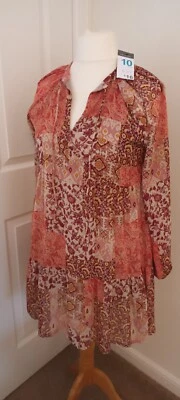 Primark Size 10 Longline Boho Blouse Tunic Autumn Colours Tiered Frill Hem New - Image 1 of 4
