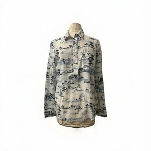 New Joe Fresh Women Blue & White Silk Cotton Elephants Safari Shirt Blouse SZ M - Picture 1 of 6