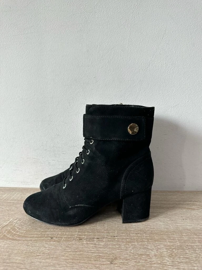 Nine West Gerri2 Chunky Block Heel Ankle Boots For Women - Black Suede Square Toe Platform