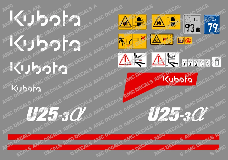 KUBOTA U25-3 MINI DIGGER COMPLETE DECAL SET WITH SAFETY WARNING SIGNS