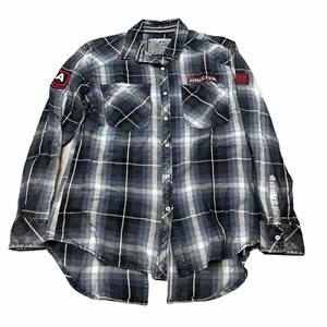 Affliction Shirt Womens Small Blue Flannel Shirt Button Up Black Embroidered - Picture 1 of 6