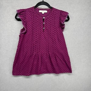 Loft Blouse Womens Size XSP Purple Clip Pintucked Flutter Sleeve Top Swiss Dot - Picture 1 of 10