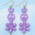 Peace Sign Earrings Love Flower Power 10091 Retro Boho Chic Hippie Purple