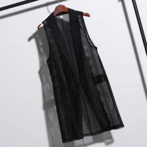 Black Plus Size Women Long Waistcoat Mesh Sleeveless Coat Jacket Vest Cardigan - Picture 1 of 8