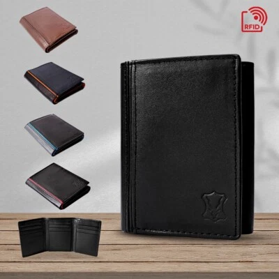 Mens Real Leather Trifold Wallet Credit Card Holder RFID Protected Personalised - Image 1 of 4