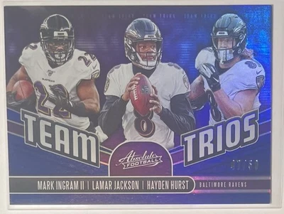 2019 Panini Absolute Team Trios Lamar Jackson Mark Ingram Hayden Hurst Blue /50 - Image 1 of 3