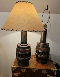 Antique Oak Iron Wooden Wagon Wheel Hub Wood Table Lamp, Set of two - Picture 1 of 3