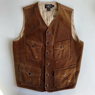 Unused 2013 RRL Ralph Lauren Snap Front Corduroy Vest Size L Brown Length 57cm - Image 1 of 4