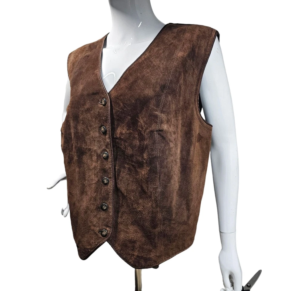 Chaleco de cuero de vaca marrón Y2K Marsh Landing II para mujer talla 1X forrado Western Boho Foto 1 de 4