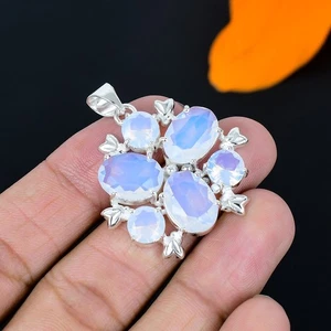 Pendente In Argento Sterling 925 Fatto A Mano In Gemma Opale Latteo 1.58" - Foto 1 di 5