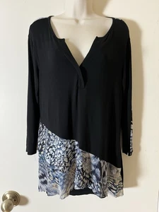 CABLE AND GAUGE Tunic top SZ L Slit V neck Asymetrical hem 3/4 Sleeve Viscose - Picture 1 of 11