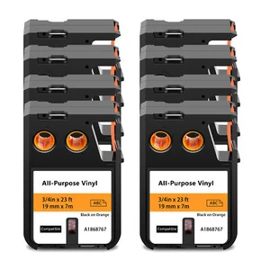 8PK Vinyl Label Tape for DYMO Rhino XTL-300 XTL-500 1868767 19mm Black on Orange - Picture 1 of 4