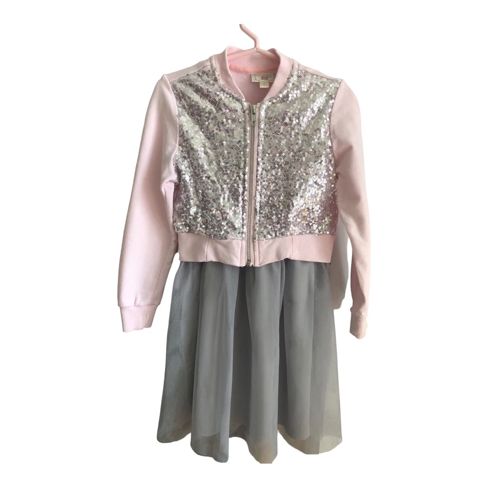 Vestido Tutu Feminino de Lantejoulas Bolinhas Tamanho 5 Rosa e Cinza Bom Estado Usado - Imagem 1 de 4