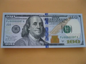 Low Serial Number 100 Dollar Bill – PJ 00000087 J10 Uncirculated new and crisp - Picture 1 of 5