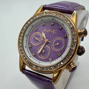 August Steiner Quartz Watch Women Gold Tone Purple Rhinestone Day Date New Batte - Picture 1 of 6