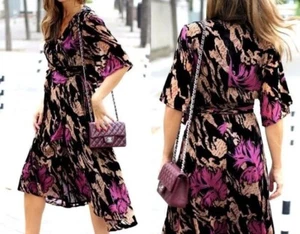 Zara Rare Devore Velvet Midi Black Purple Wrap Dress Midi Size Small - Picture 1 of 9