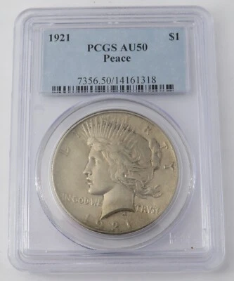 1921 P Peace Dollar - Key Date - 90% Silver - PCGS AU50 - Cert# 14161318 - Image 1 of 4