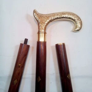 VINTAGE DESIGNER  BRASS HEAD HANDLE WALKING STICK WOODEN CANE VICTORIAN  - Picture 1 of 6