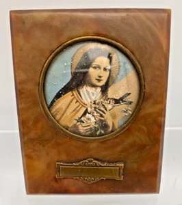 Vintage French Hand Painted Framed Picture Saint Therese Lisieux Bakelite Frame - Picture 1 of 8