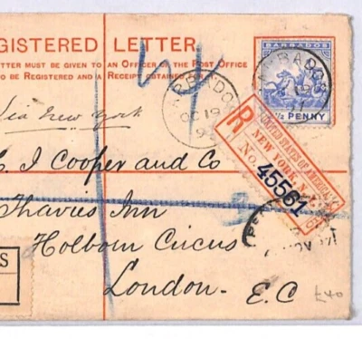 BARBADOS QV Cover Registered 2d Stationery 1897 London {samwells}YX121 - Image 1 of 4