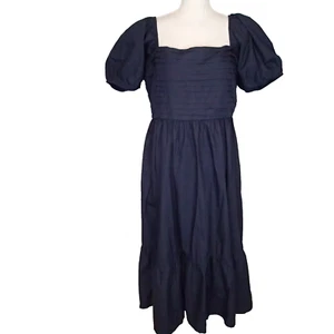 NWT Quince 100% Organic Cotton Smocked Midi Navy Dress Sz XL ruched pleated puff - Picture 1 of 20