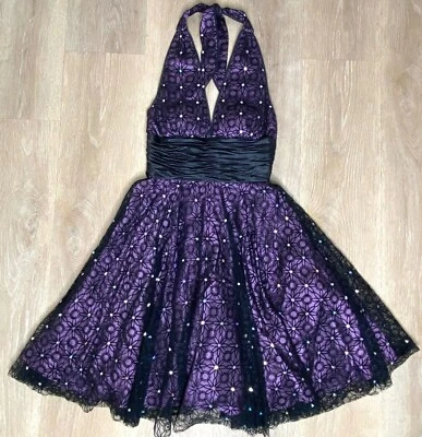 ADRIANNA PAPELL Evening Black Velvet Glitter Purple Satin Halter Flare Dress 10 - Image 1 of 4