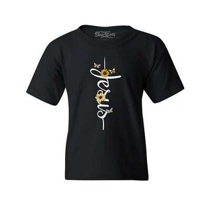Jesus Script Cross Flowers and Butterflies Youth's T-Shirt Religious Shirts - Picture 1 of 7
