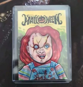 HALLOWEEN Chucky 1/1 SKETCH CARD BY DYNAMITE ENT. ARTIST CAESAR CRAWFORD - Picture 1 of 3