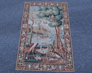 Hand-woven Wool Aubusson Tapestry Wall Hanging Harbor & Birds French Gobelins
