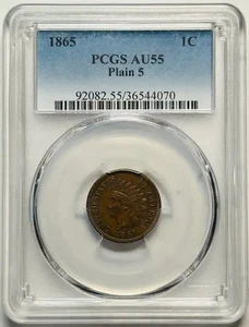 1865 P Small Cents Indian Head Penny PCGS AU-55 BN Brown Plain 5 - Picture 1 of 2