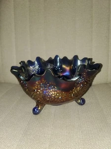 RARE ANTIQUE c.1911 FENTON ORANGE TREE COBALT BLUE CARNIVAL GLASS FRUIT BOWL - Picture 1 of 18