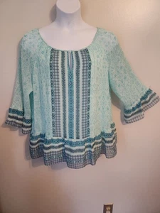 St Johns Bay Floral Rüschen Mint Glockenärmel Top Hippie Boho XL - Bild 1 von 7