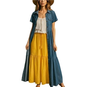 MISSLOOK Women's 3XL Chambray Button Front Tiered Short Sleeve Dress - Picture 1 of 5