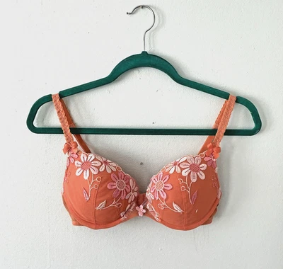 Sutiã acolchoado vintage Victoria Secret 34C laranja margarida bordado com aro Lolita - Imagem 1 de 4
