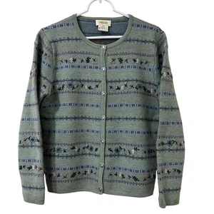 Talbots Vtg Womens Sz Small Blue Flower Embroidered 100% Wool Cardigan Sweater - Picture 1 of 6