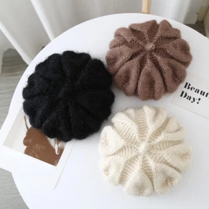 Women Hand Knitted Woolen Hat Crochet Beret Cap Fluffy Plush Soft Warm Cute - Picture 1 of 14