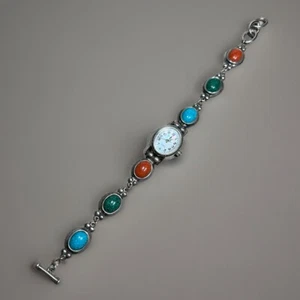 Southwest Sterling Silver Toggle Bracelet Style Watch Malachite Coral Turquoise - Picture 1 of 9