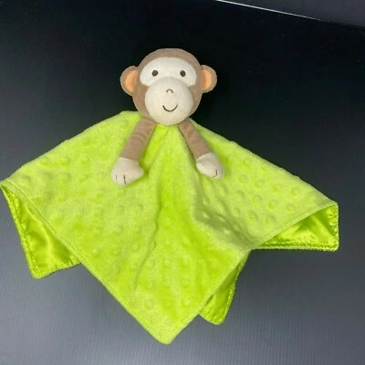 Okie Dokie Brown Monkey Baby Lovey Security Blanket Green Minky Dot Rattle Satin - Image 1 of 4