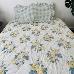 Laura Ashley Alba Rose Comforter Pillow Sham Yellow Blue Floral Reversible Plaid - Picture 1 of 16