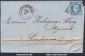 FRANCE N°60A SUR LETTRE AMB CB + CONVOYEUR STATION GAILLAC DU TARN 13/03/1874 - Picture 1 of 2