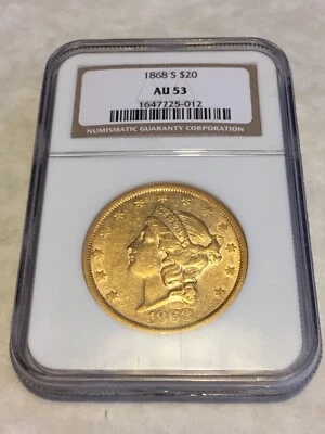 1868-S $20 NGC AU53 Liberty Double Eagle Gold Coin PQ Great Eye Appeal (no PCGS) - Image 1 of 2