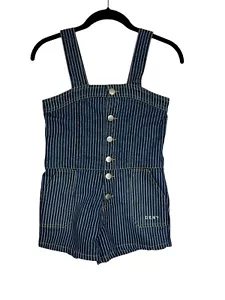 DKNY Girls Dark Denim Overalls Shorts Pinstripe Buttons Pockets Size 7 - Picture 1 of 9